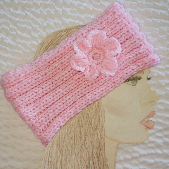 Pink Knitted Headband. Flower. Ribbed. Bubble Gum - Picture 2 of 5
